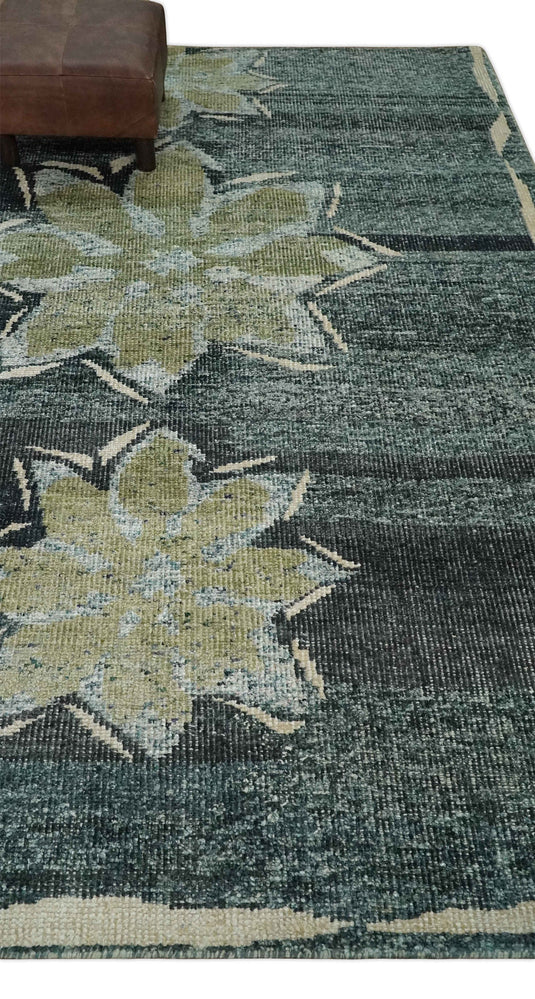 Hand Knotted Floral Persian made of Recycled Silk Area Rug, Charcoal, Beige and Teal, 5X8