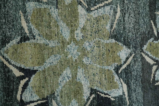 Hand Knotted Floral Persian made of Recycled Silk Area Rug, Charcoal, Beige and Teal, 5X8