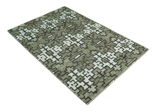 Hand Knotted Modern Contemporary Southwestern Tribal Trellis Recycled Silk Area Rug, Olive, Charcoal and White, 5X8