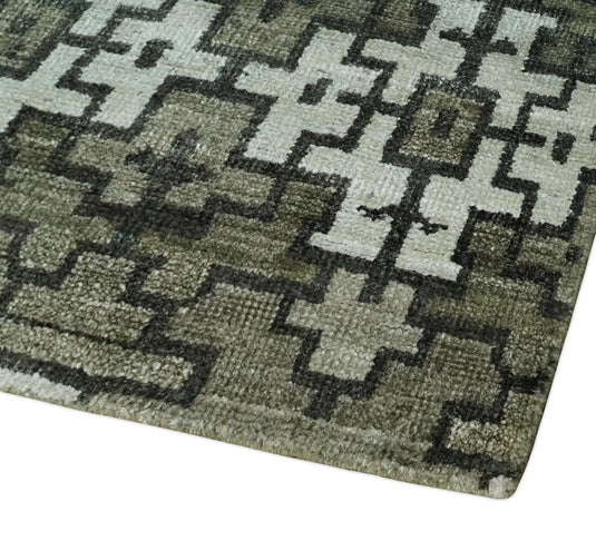 Hand Knotted Modern Contemporary Southwestern Tribal Trellis Recycled Silk Area Rug, Olive, Charcoal and White, 5X8