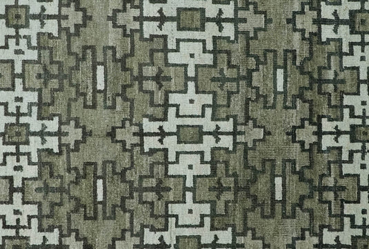 Hand Knotted Modern Contemporary Southwestern Tribal Trellis Recycled Silk Area Rug, Olive, Charcoal and White, 5X8