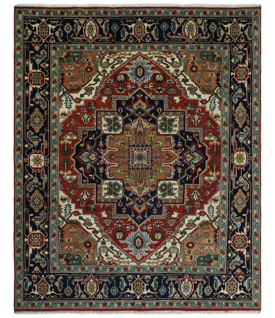 8x10 Rust and Blue Traditional Hand Knotted Heriz Serapi Rug, Living Room, Bedroom and Dinning Rug | CP402810