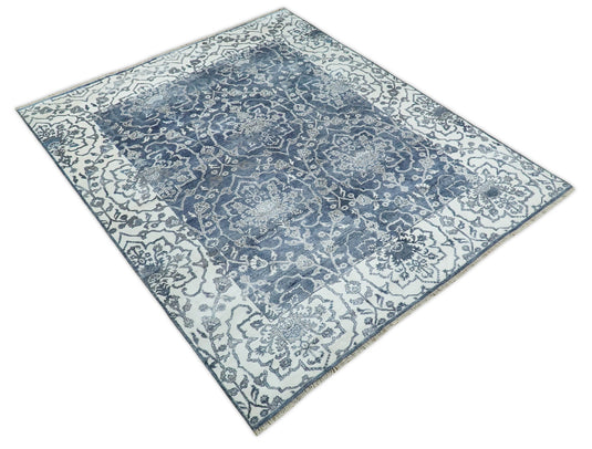 Traditional Hand knotted Abstract 8x10 Blue and Ivory Persian Wool and Bamboo Silk Area Rug | CP513810