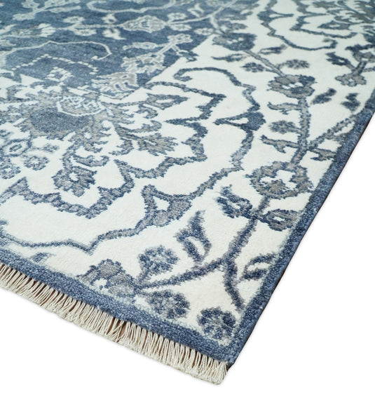 Traditional Hand knotted Abstract 8x10 Blue and Ivory Persian Wool and Bamboo Silk Area Rug | CP513810