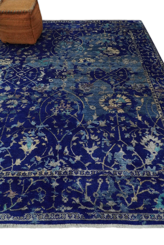 Large Abstract 8x10 Fine Hand Knotted Blue Traditional Persian style Bamboo Silk Rug, One of a Kind Living Room Rug | CP519810