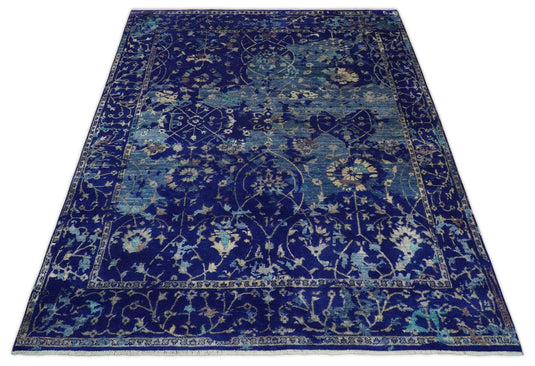 Large Abstract 8x10 Fine Hand Knotted Blue Traditional Persian style Bamboo Silk Rug, One of a Kind Living Room Rug | CP519810