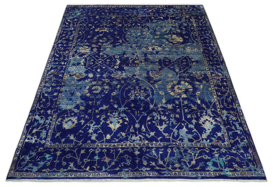 Large Abstract 8x10 Fine Hand Knotted Blue Traditional Persian style Bamboo Silk Rug, One of a Kind Living Room Rug | CP519810