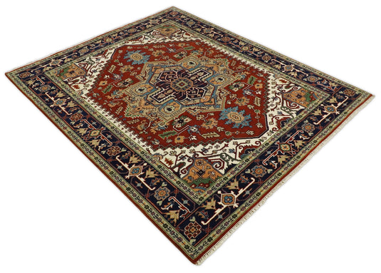 8x10 Rust and Blue Traditional Hand Knotted Heriz Serapi Rug, Living Room, Bedroom and Dinning Rug | CP582810