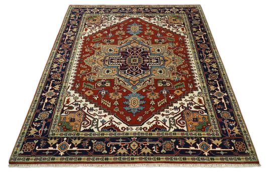 8x10 Rust and Blue Traditional Hand Knotted Heriz Serapi Rug, Living Room, Bedroom and Dinning Rug | CP582810