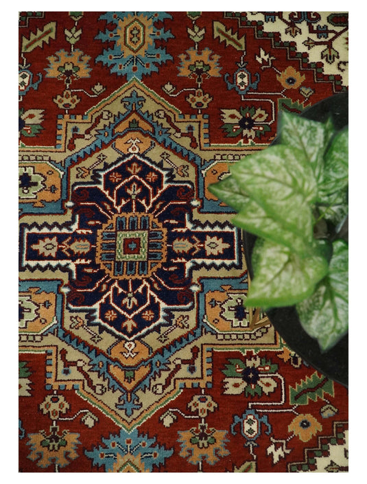 8x10 Rust and Blue Traditional Hand Knotted Heriz Serapi Rug, Living Room, Bedroom and Dinning Rug | CP582810