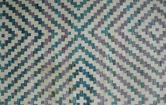 Hand Knotted Antique Persian Geometric Style Contemporary Bamboo Silk Area Rug, Ivory, blue and purple, 5x8 | OP12558