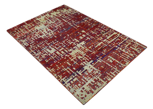 Hand Knotted Modern Abstract Contemporary Recycled Silk Area Rug, Camel, Red and Blue, 5X8 |OP126