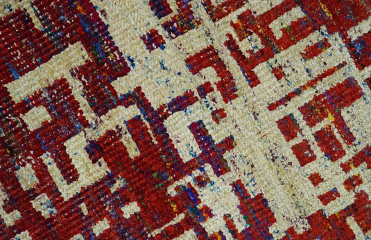 Hand Knotted Modern Abstract Contemporary Recycled Silk Area Rug, Camel, Red and Blue, 5X8 |OP126