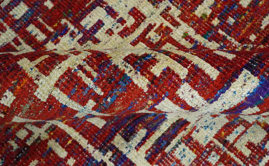 Hand Knotted Modern Abstract Contemporary Recycled Silk Area Rug, Camel, Red and Blue, 5X8 |OP126