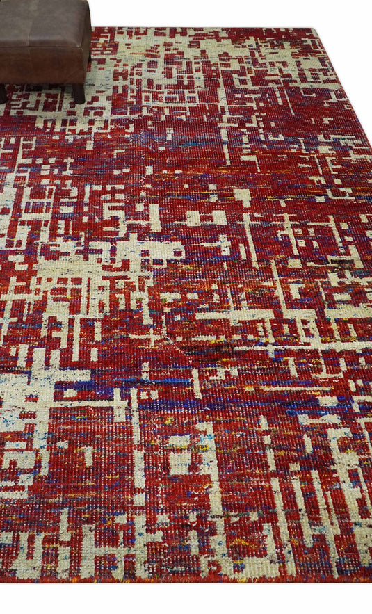 Hand Knotted Modern Abstract Contemporary Recycled Silk Area Rug, Camel, Red and Blue, 5X8 |OP126