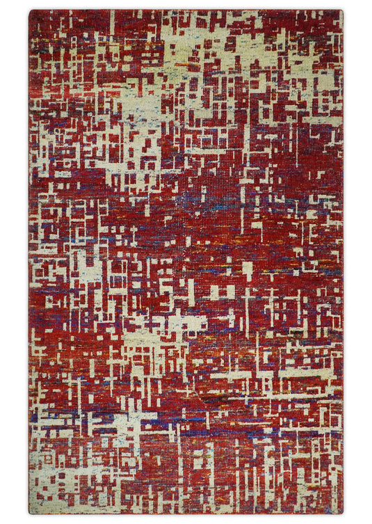 Hand Knotted Modern Abstract Contemporary Recycled Silk Area Rug, Camel, Red and Blue, 5X8 |OP126