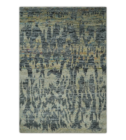 Hand Knotted Modern Abstract Contemporary Recycled Silk Area Rug, Beige, camel and charcoal, 4.5x6.5 | OP127