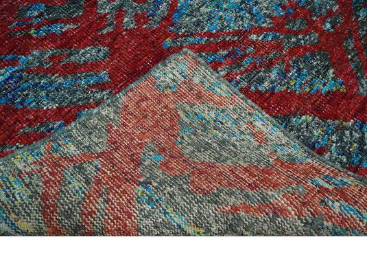 Hand Knotted Modern Abstract Contemporary Recycled Silk Area Rug, Red, Grey and Blue, 5X8 | OP12858