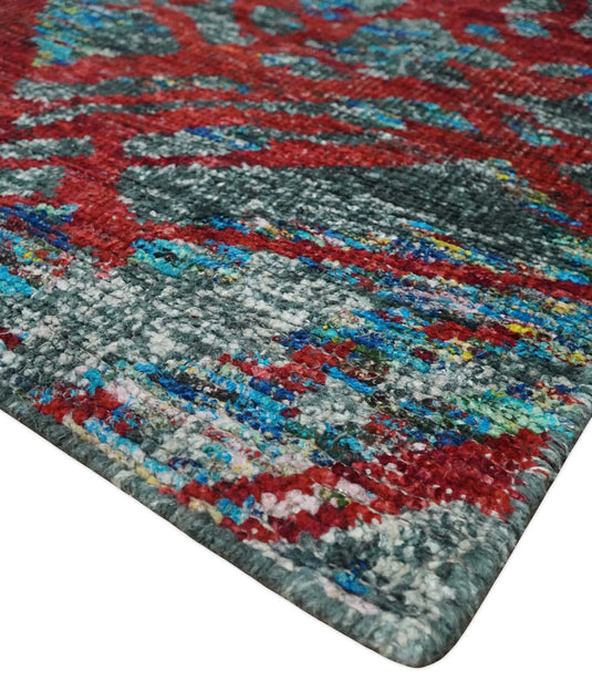 Hand Knotted Modern Abstract Contemporary Recycled Silk Area Rug, Red, Grey and Blue, 5X8 | OP12858