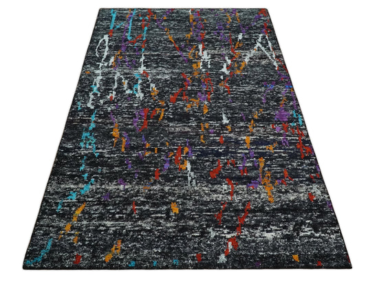 Hand Knotted Modern Abstract Contemporary Recycled Silk Area Rug, Black, Ivory and rust, 5x8| OP13258