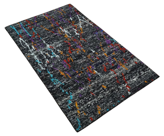 Hand Knotted Modern Abstract Contemporary Recycled Silk Area Rug, Black, Ivory and rust, 5x8| OP13258