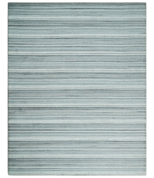 Flatwoven Striped Scandinavian Hand Made Blended Wool Area Rug, White, Silver and Gray, 8x10 | KE03810