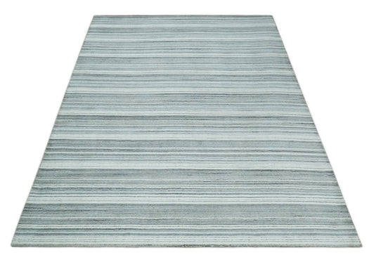 Flatwoven Striped Scandinavian Hand Made Blended Wool Area Rug, White, Silver and Gray, 8x10 | KE03810