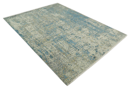 Beige and Blue Modern 9x12 Hand Knotted Large Bamboo Silk Area Rug | TRDCP675912