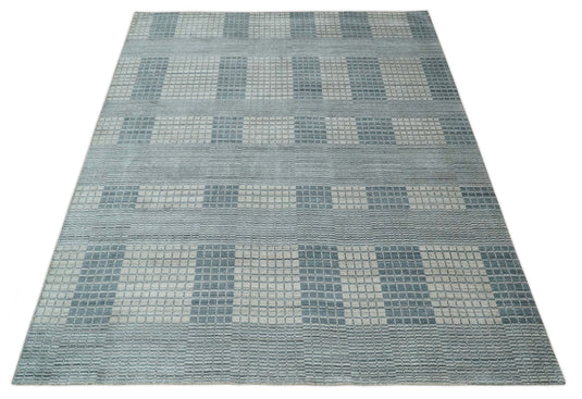 Flatwoven Modern Geometrical Checkered striped Hand Made Scandinavian Blended Wool Area Rug, Grey and Beige, 8x10 | KE14810