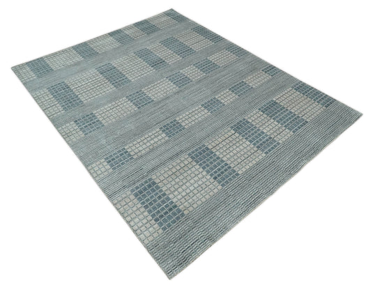 Flatwoven Modern Geometrical Checkered striped Hand Made Scandinavian Blended Wool Area Rug, Grey and Beige, 8x10 | KE14810