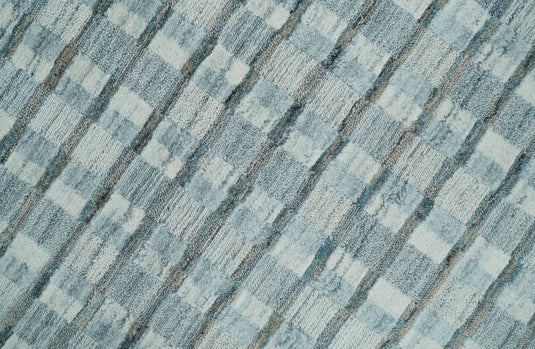 Flatwoven Hand Made Checkered Scandinavian Blended Wool Area Rug, Grey, Teal and White, 8x10 | KE18