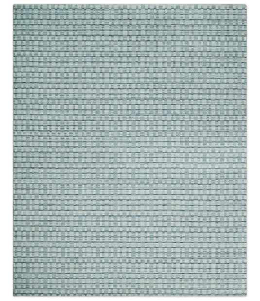 Flatwoven Hand Made Checkered Scandinavian Blended Wool Area Rug, Grey, Teal and White, 8x10 | KE18