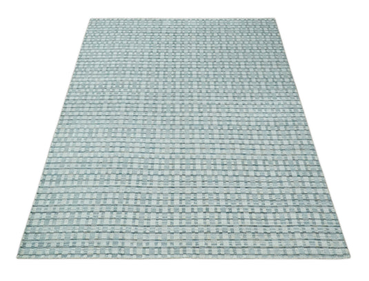 Flatwoven Hand Made Checkered Scandinavian Blended Wool Area Rug, Grey, Teal and White, 8x10 | KE18