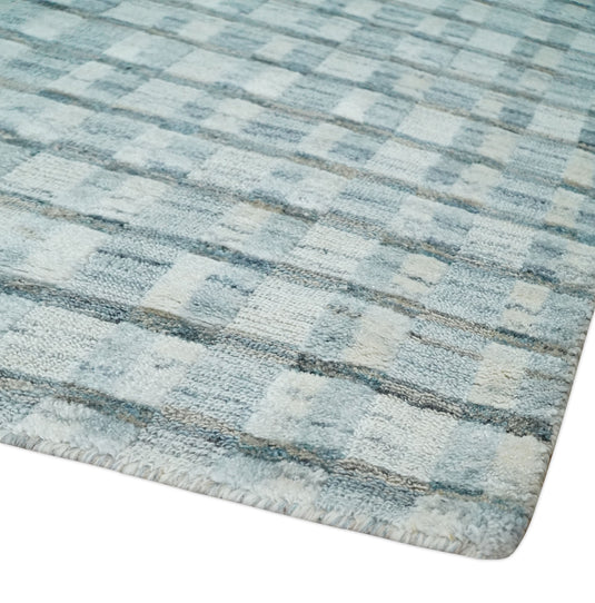 Flatwoven Hand Made Checkered Scandinavian Blended Wool Area Rug, Grey, Teal and White, 8x10 | KE18