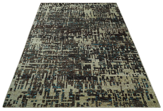 Hand Knotted Modern Abstract Contemporary Recycled Silk Area Rug, Beige and Brown, 9x12| OP36