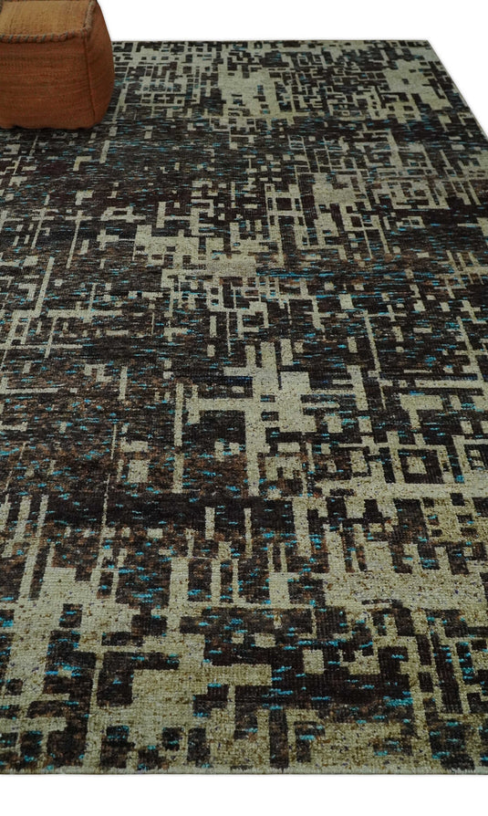 Hand Knotted Modern Abstract Contemporary Recycled Silk Area Rug, Beige and Brown, 9x12| OP36