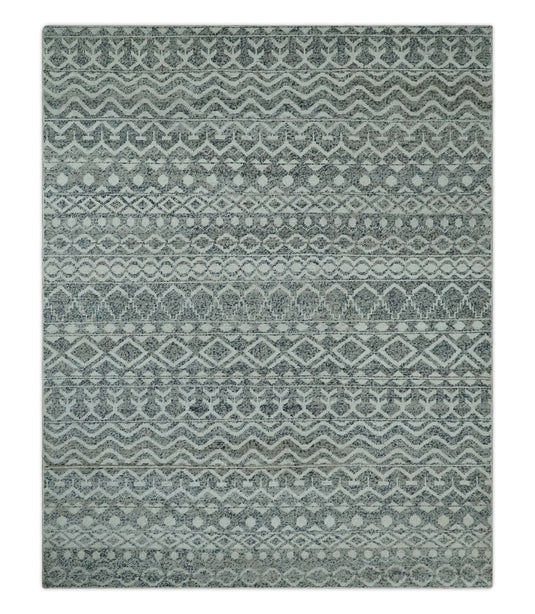 Hand Knotted Modern Contemporary Southwestern Tribal Trellis Recycled Silk Area Rug, 8X10 , Ivory and Blue | OP37810