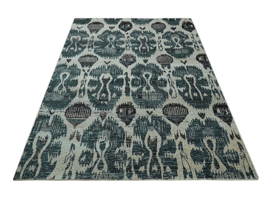 Hand Knotted Antique Persian Style Contemporary Recycled Silk Area Rug, Ivory, Teal and Brown, 9x12  | OP38