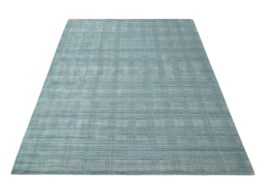 Flatwoven Checkered Blue and Gray Scandinavian 8x10 Hand Made Blended Wool Area Rug, Blue and Grey, 8x10 | KE26