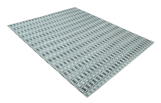 Flatwoven Hand Made Checkered Scandinavian Blended Wool Area Rug, Blue, Beige and Charcoal, 8x10 | KE30