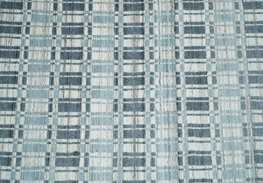 Flatwoven Hand Made Checkered Scandinavian Blended Wool Area Rug, Blue, Beige and Charcoal, 8x10 | KE30