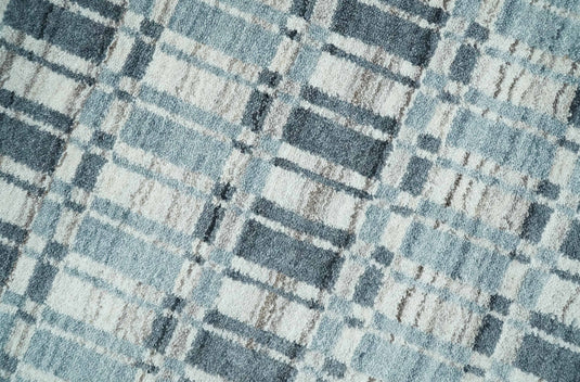 Flatwoven Hand Made Checkered Scandinavian Blended Wool Area Rug, Blue, Beige and Charcoal, 8x10 | KE30