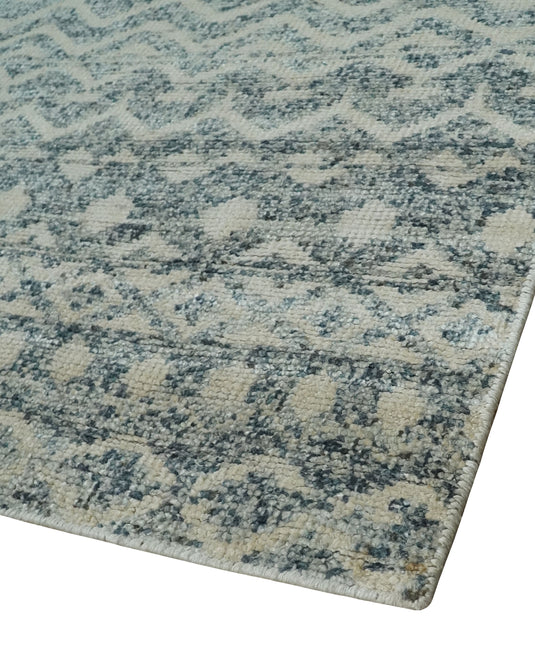 Hand Knotted Modern Contemporary Southwestern Tribal Trellis Recycled Silk Area Rug, Ivory, Gray and Blue, 8x10 |OP40810