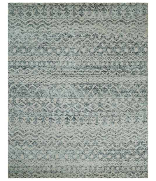 Hand Knotted Modern Contemporary Southwestern Tribal Trellis Recycled Silk Area Rug, Ivory, Gray and Blue, 8x10 |OP40810