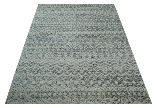 Hand Knotted Modern Contemporary Southwestern Tribal Trellis Recycled Silk Area Rug, Ivory, Gray and Blue, 8x10 |OP40810