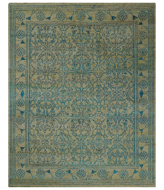 Antique Hand Knotted Persian made of Recycled Silk Area Rug, Camel and Blue , 8x10  | OP42810