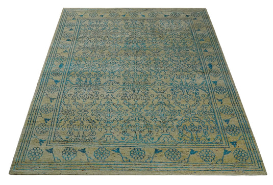 Antique Hand Knotted Persian made of Recycled Silk Area Rug, Camel and Blue , 8x10  | OP42810