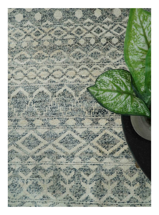 Hand Knotted Modern Contemporary Southwestern Tribal Trellis Recycled Silk Area Rug, Beige, Gray and Blue, 8x10  | OP44810