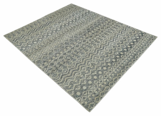 Hand Knotted Modern Contemporary Southwestern Tribal Trellis Recycled Silk Area Rug, Beige, Gray and Blue, 8x10  | OP44810