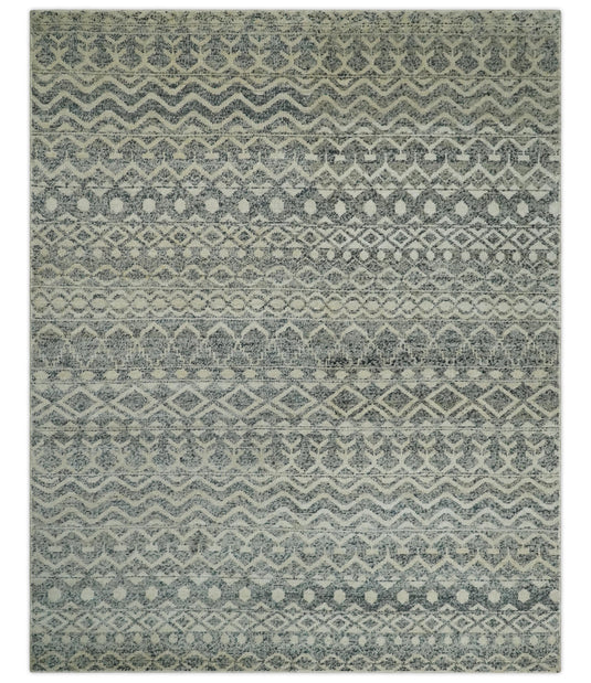 Hand Knotted Modern Contemporary Southwestern Tribal Trellis Recycled Silk Area Rug, Beige, Gray and Blue, 8x10  | OP44810